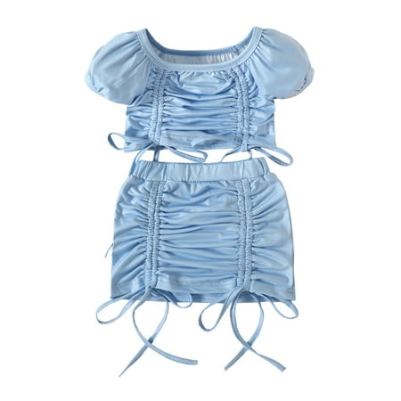 

YWDJ 12Months-5Years Dress for Girl Fashion Cute Solid Pleated Drawstring Short Sleeve Top Skirt Suit Light Blue 12-18 Months