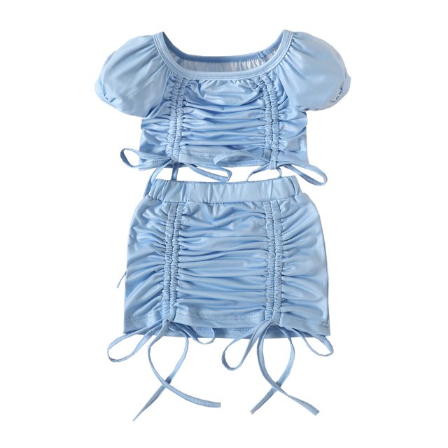 Vestido Para Niñas, Ropa Para Niñas Pequeñas, Moda Para Niños Pequeños, Lindo Color Sólido, Cordón Plisado, Manga Corta, Top, Falda, Traje, Azul Claro Odeerbi LM103-8905
