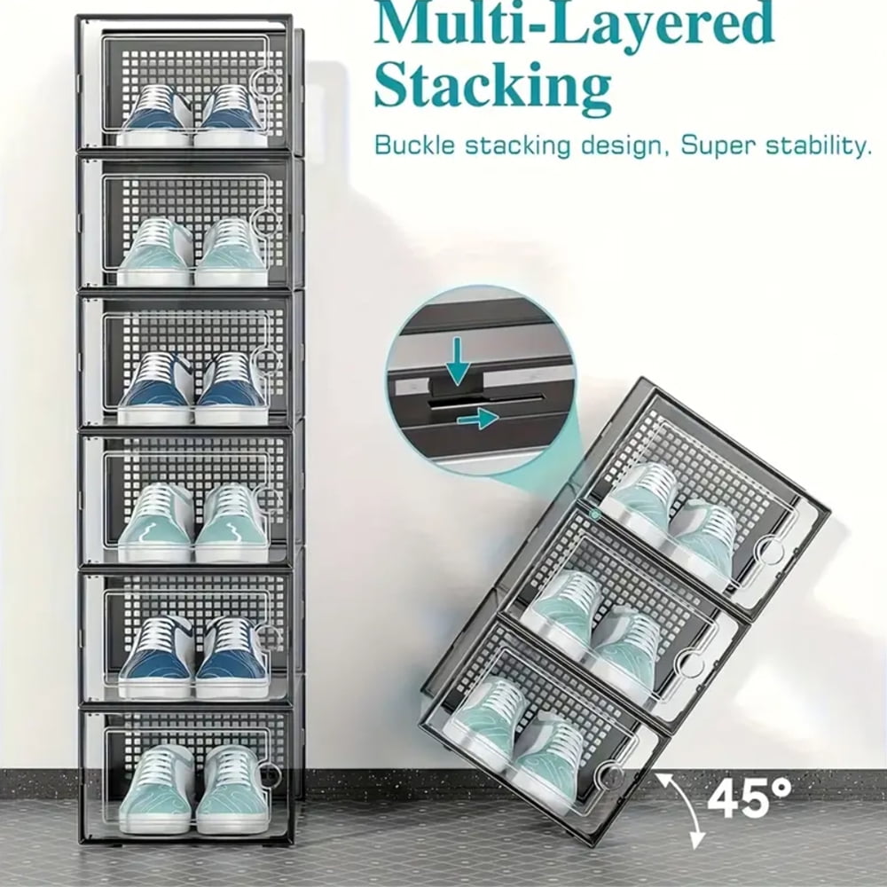 24PCS Thick Transparent Shoe Box with Lid, Foldable & Stackable Plastic Shoe Rack Organizer - Waterproof, Space-Saving Storage for All Shoe Types - Ideal for Foyer, Bedroom, Home, Dormitory - Black