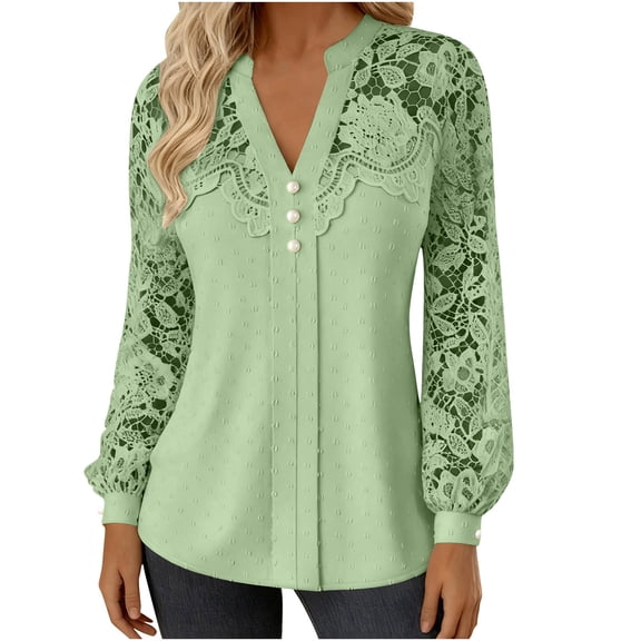 WMTBSRSW Womens Long Sleeve Shirts Trendy Lace Patchwork Dressy Blouse Lightwieght Work Casual Tops Mint Green XX-Large