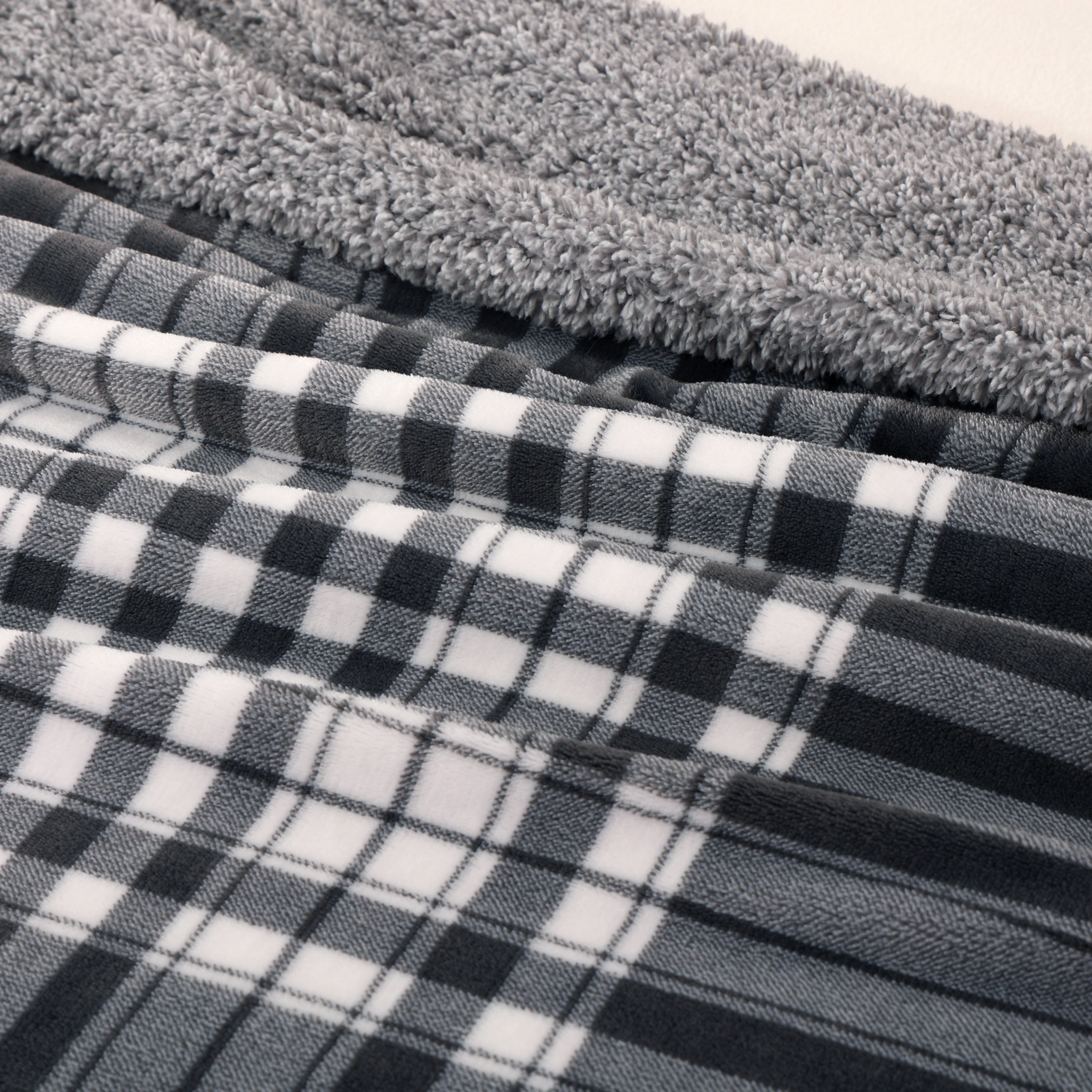 Berkshire Blanket Gray, White, Multi-Color Plaid Sherpa, Velvet Plush Reversible Bed Blanket Twin