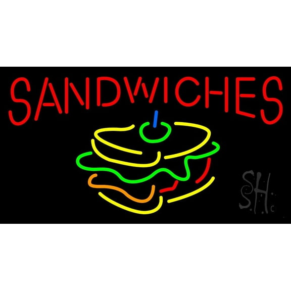 Red Sandwiches LED Neon Sign 20 x 37 - inches, Black Square Cut Acrylic Backing, with Dimmer - Bright and Premium built indoor LED Neon Sign for restaurant window and interior decor.