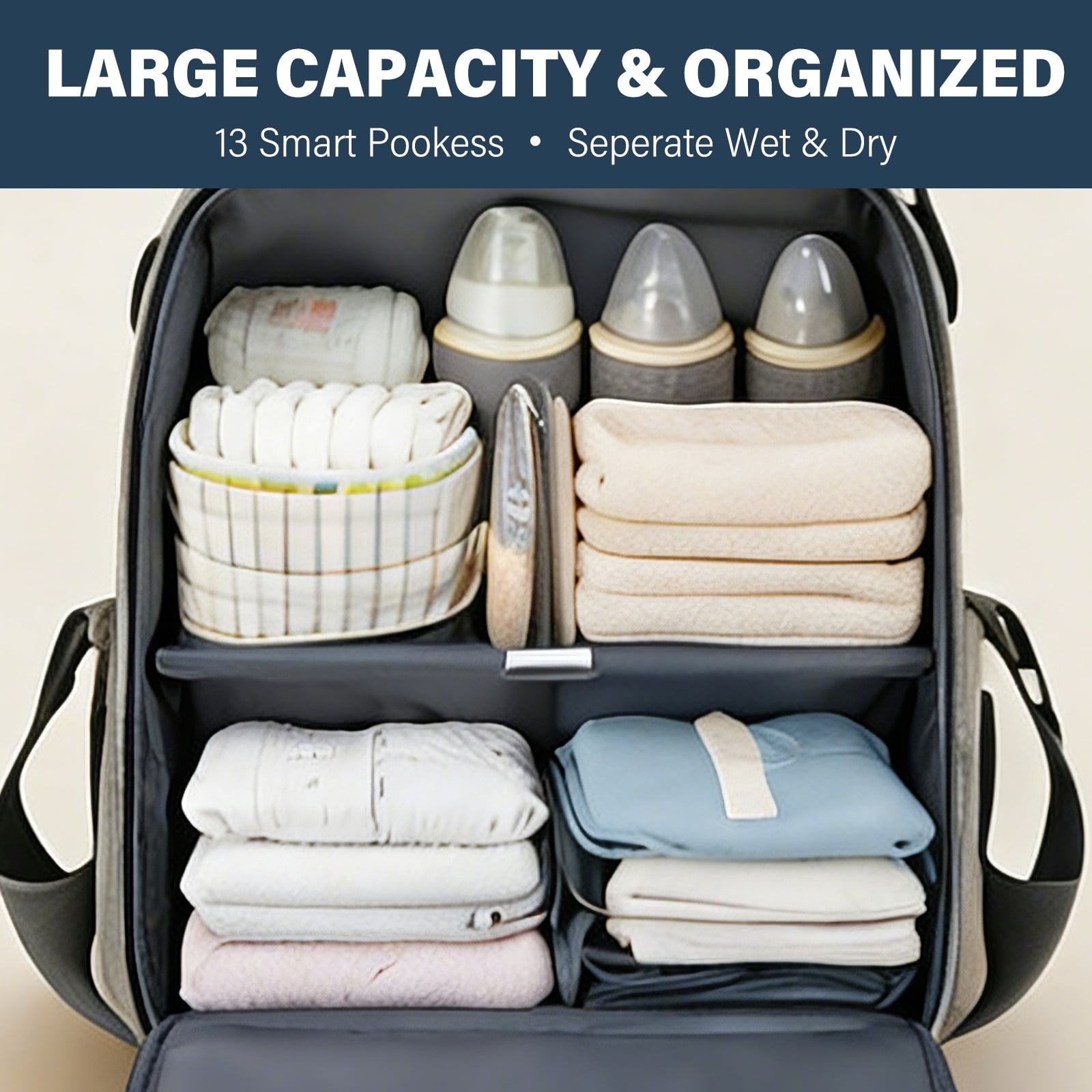Diaper Bag Backpack with Changing Station, Baby Diaper Bag Backpack with Portable Crib, Large Capacity Diaper Backpack with Insulated Bottle Pockets & Stroller Straps for Mom Dad, Gray