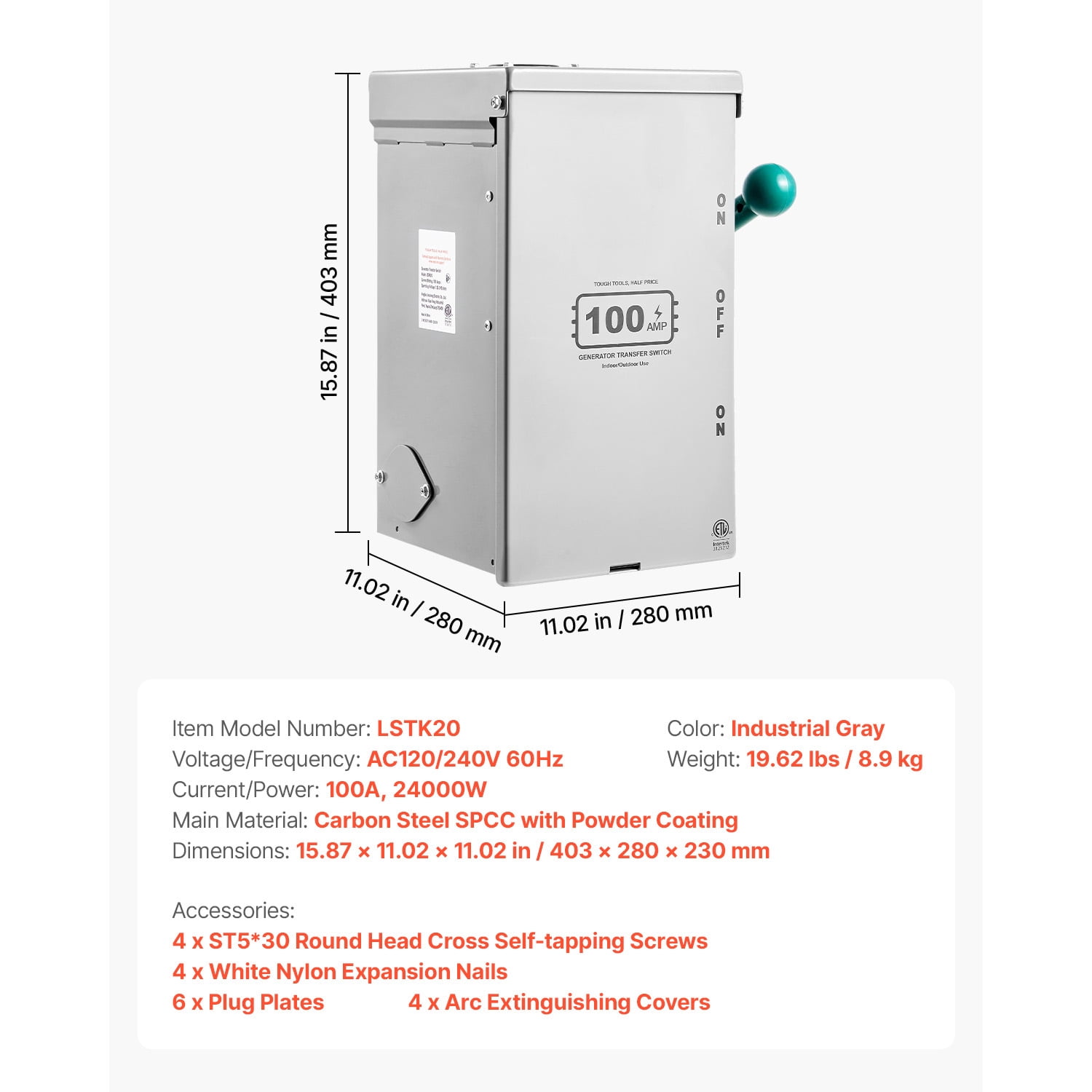 KFFKFF 100A Power Switch for Generators, 24000W Hand-Operated Switch, Robust Double-Throw Energy Transfer Switch 120/240V, Compliant with NEMA 3R Guidelines, Suitable for Outdoor, Indoor