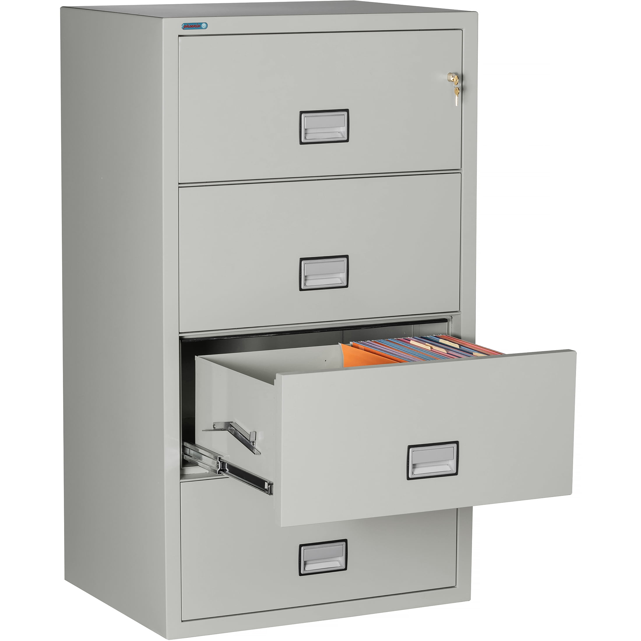 Phoenix Safe Lateral 31 inch 4-Drawer Fireproof File Cabinet with Key Lock, Water Seal, Gray, LAT4W31LG