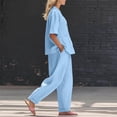 thumbnail image 4 of mihongmao Luau Outfits for Women Holiday Party Sets Women's Summer and Linen Set Casual V-neck Top+wide Leg Pants Set Two-piece Set Light Blue 3X, 4 of 8