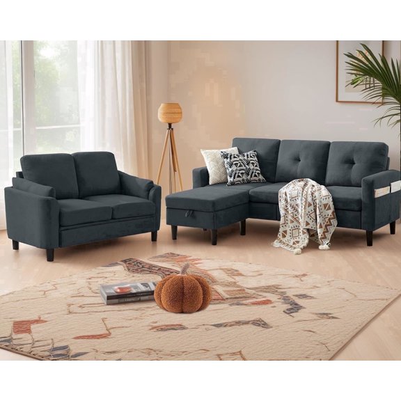 Soscana Living Room Furniture Set,Sectional Sofa with Storage Ottoman and Loveseat for Home Apartment Studio Office,L Shaped 3 Seat Couch with Footstool and 2 Seat Love Seat