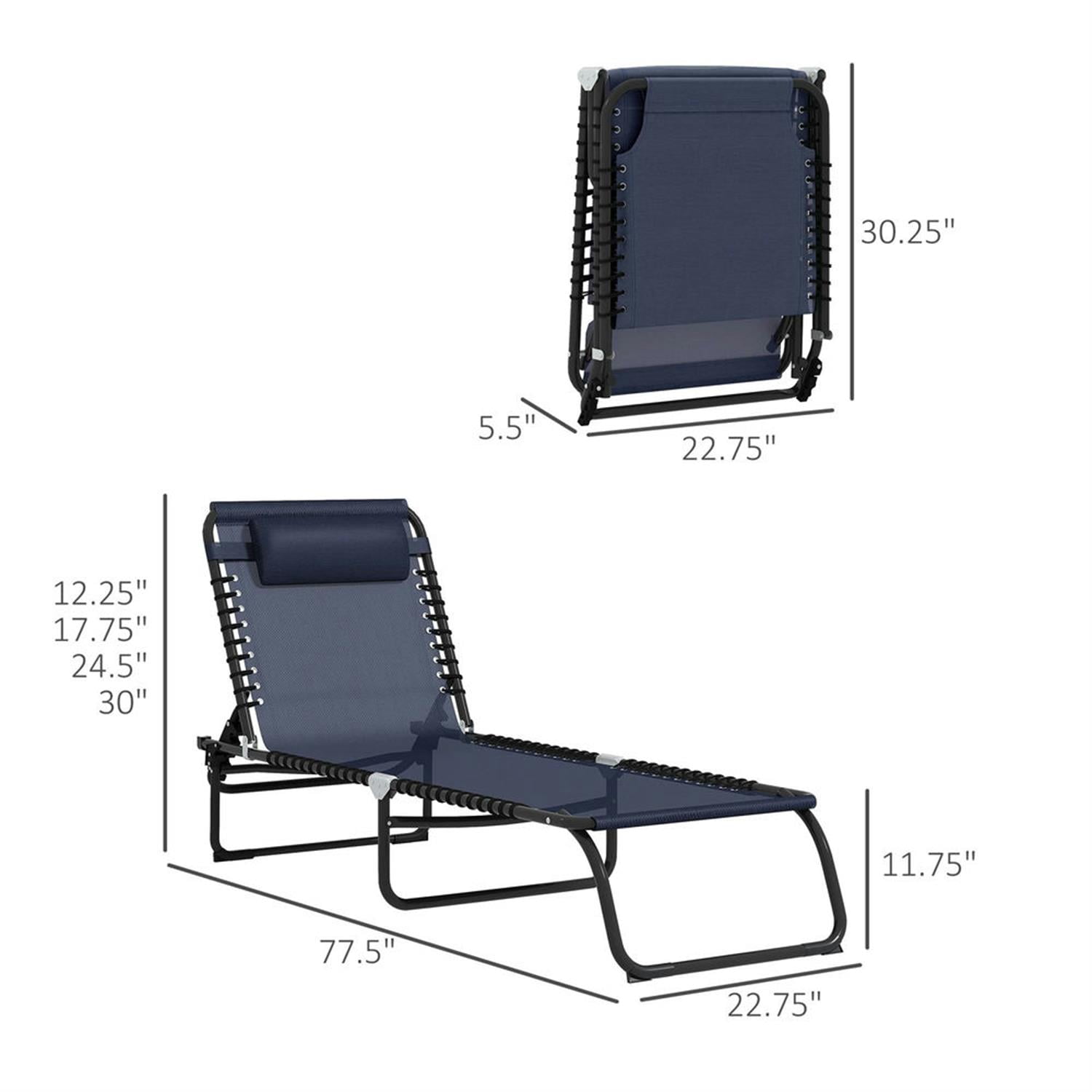 Demi Bonn Outdoor Folding Chaise Lounge Chairs Set of 2 with 4-Position Reclining Pillow-Back, Breathable Mesh Seat, Bungee for Pool, Beach, Patio, Navy