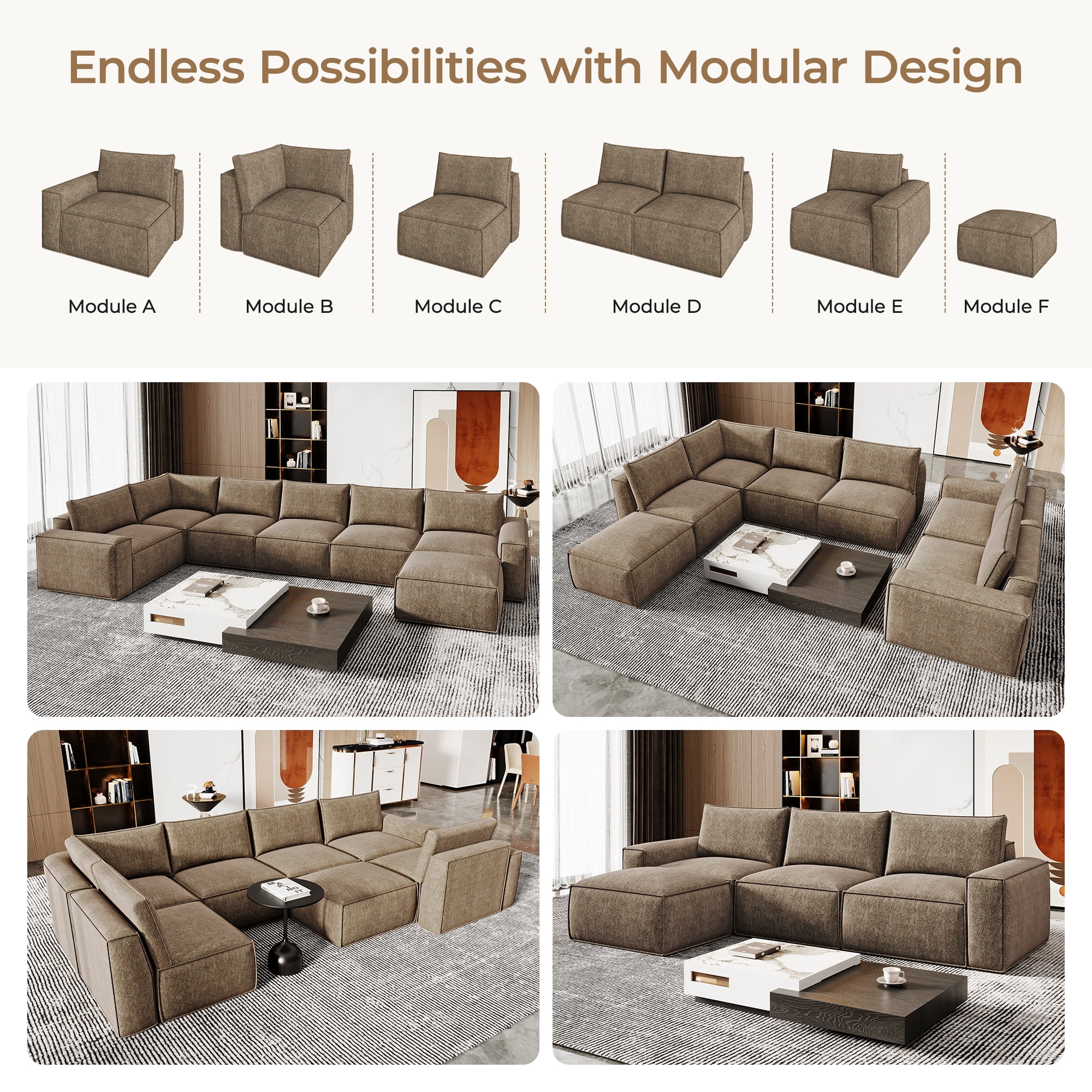 175" Oversized Boneless Couch for Living Room, Neche Modern Modular Sectional, Convertible, U Shaped, Deep Seat, Big Comfy Sofa Set with Ottoman,Brown