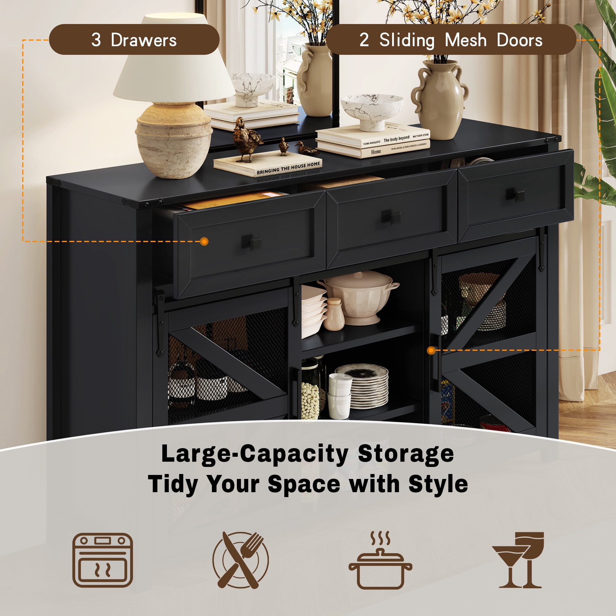 Leumius 55In Sliding Barn Door Sideboard Buffet Cabinet with 3 Drawers, Adjustable Shelves, Metal Mesh & Particleboard Doors, Aluminum Handles, Industrial Storage for Living or Dining Room Black