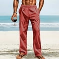 thumbnail image 3 of Wyobmus Straight Leg Linen Pants for Men Summer Cotton Lounge Pants Drawstring Waist Open Bottom Jersey Pants with Pockets Red, 3 of 8