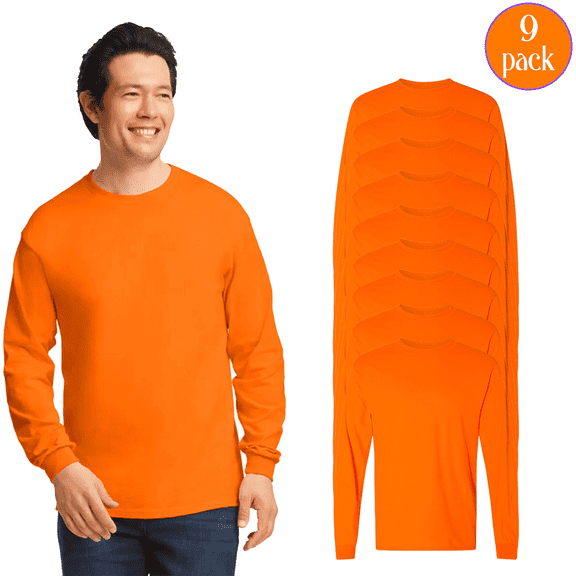 Gildan Men's DryBlend 50/50 Long Sleeve T-Shirt, Durable Hi-Vis Safety Orange Work Tee, 9-Pack, S