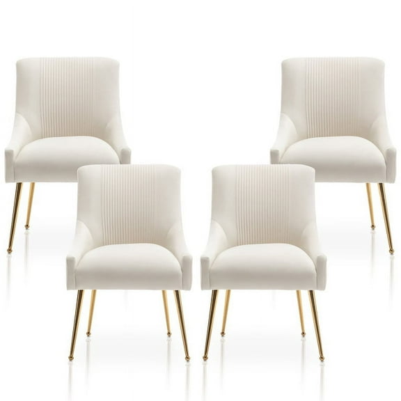 SEYNAR Modern Velvet Dining Chairs Pleated Vanity Chair Set of 4 with Glod Legs for Living Room,Beige