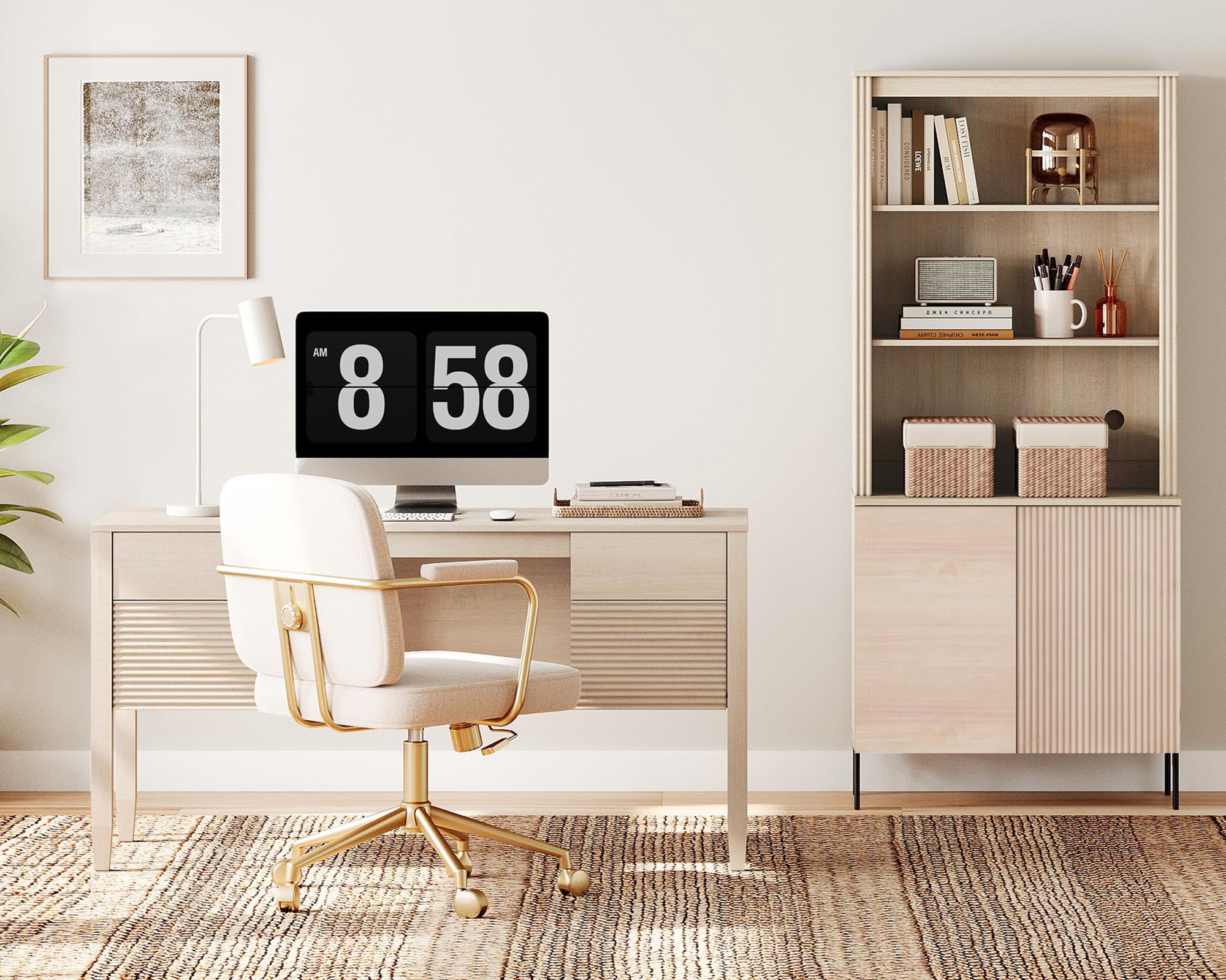 WAMPAT 2 Piece Home Office Furniture Set, 58" Writing Desk with 71.5" T Bookcase, Bookcase with 2 Doors, Adjustable Shelves, Modern Fluted Wood Office Furniture for Home Office, Study Room, Bedroom