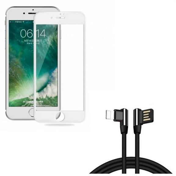 iPhone 8/7/6S/6 - 10ft Angle USB Cable w Ceramics Screen Protector - Charger Cord Power Wire Sync 90 Degree, Matte White 3D Curved Edge Full Cover Anti Glare for iPhone 8/7/6S/6