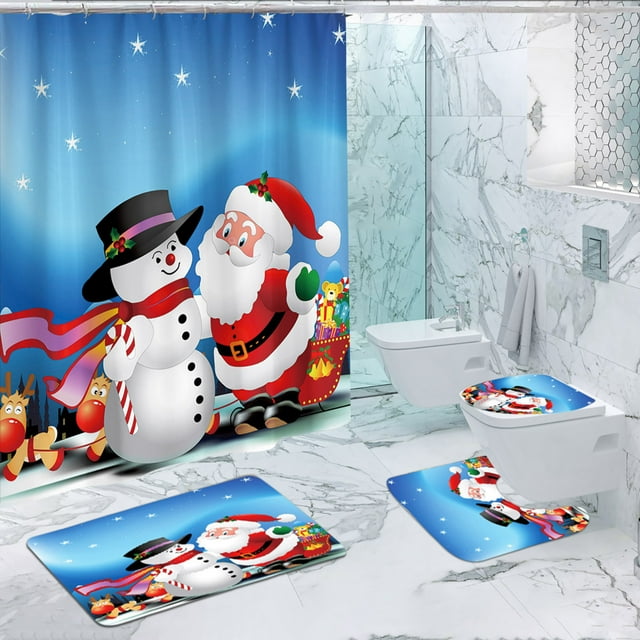 Ensemble de Rideau de Douche Imperméable en Polyester Imprimé 4 Pcs / Comprend Tapis de Bain Absorbant, Tapis de Couvercle, Tapis Long / Décoration de Salle de Bain Durable et Résistante à l'Eau / Antidérapant, Tapis de Bain à Séchage Rapide