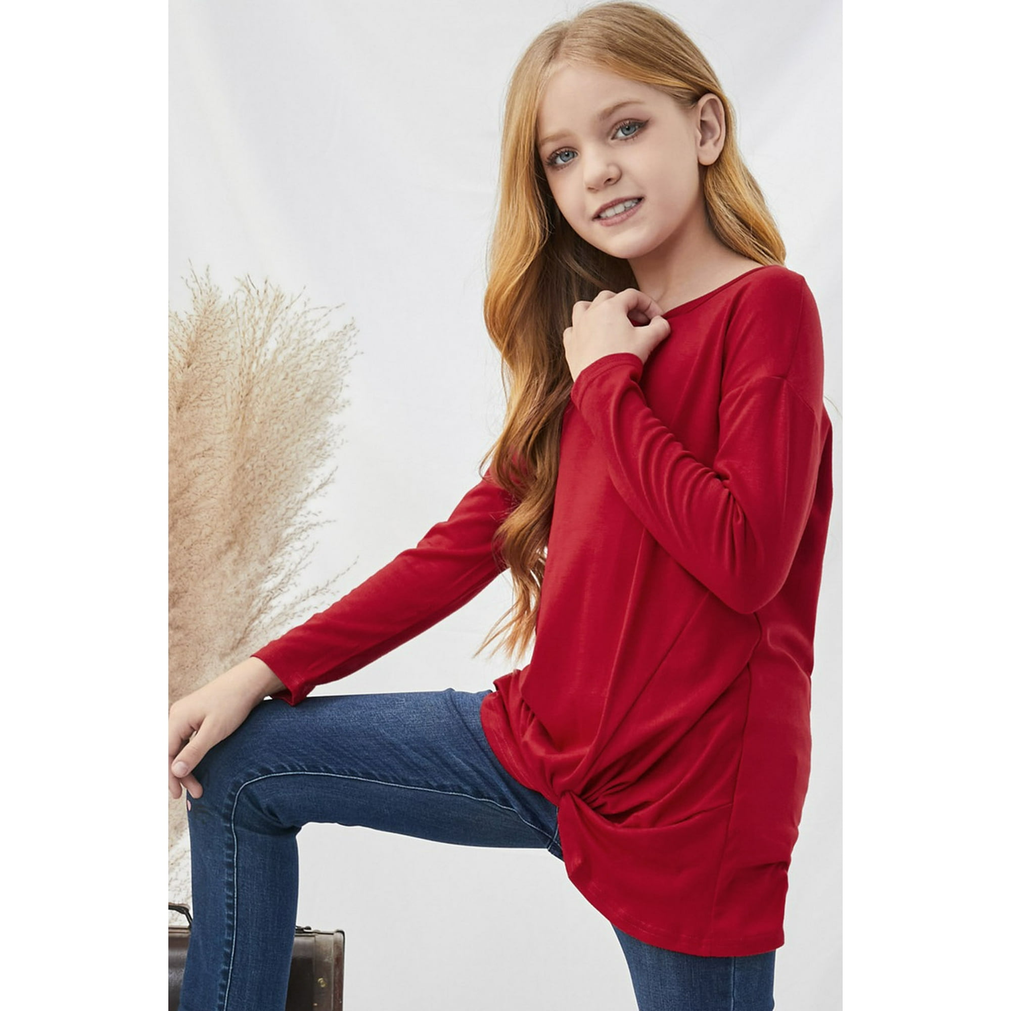 POGLIP Women s Red Twisted Hem Long Sleeve Girls Top