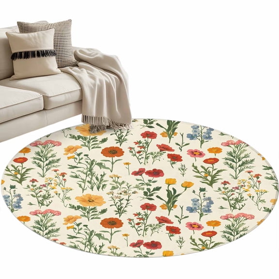 Spring Floral Round Area Rug 4 FT, Non Slip Indoor Outdoor Rug, Country Summer Botanical Washable Soft Circular Carpet Non-Shedding Floor Mat for Coffee Table Nursery Foyer Balcony