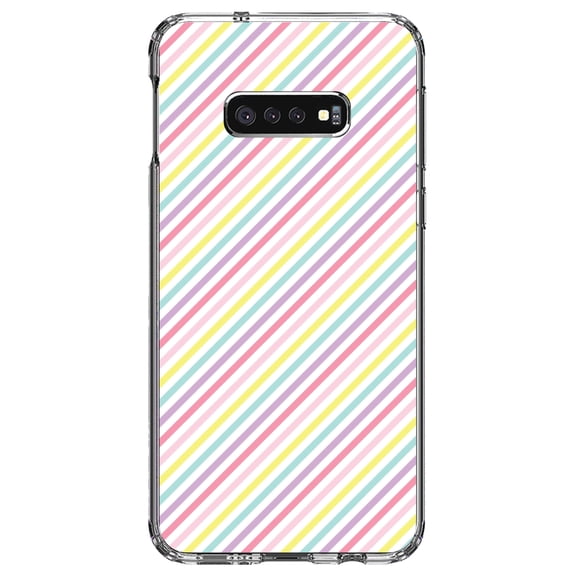 DistinctInk Clear Shockproof Hybrid Case for Samsung Galaxy S10e (5.8" Screen) - TPU Bumper, Acrylic Back, Tempered Glass Screen Protector - Rainbow Diagonal Stripes Pattern
