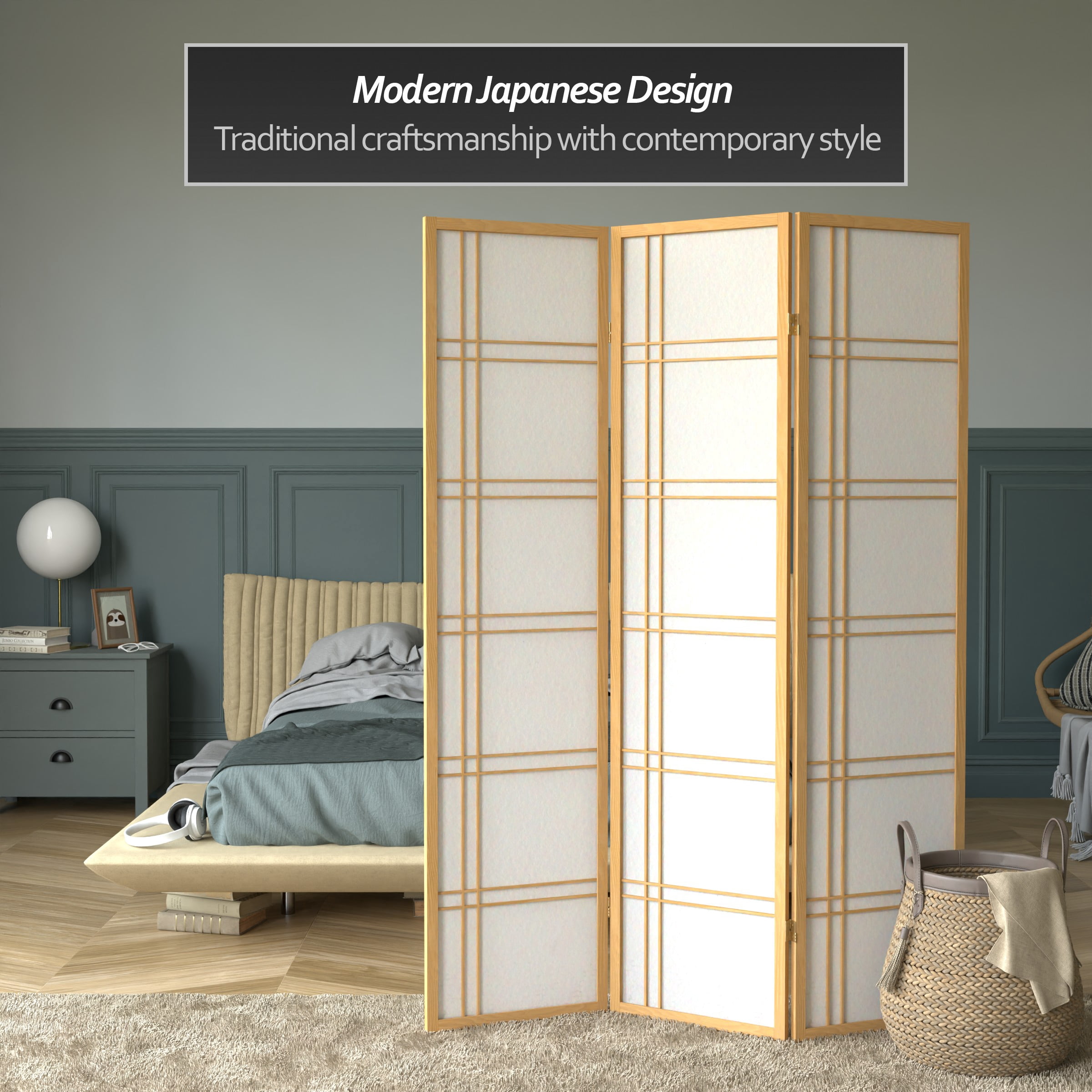 6 ft. Tall Natural Three-Panel Shoji Screen Room Divider with Double Cross Design