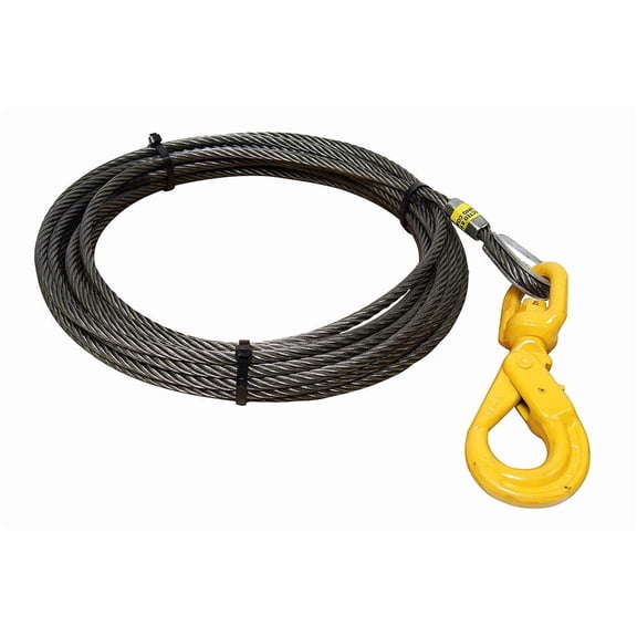 TOWING SUPPLIES INC | 120FT STEEL CORE SUPER SWAGED WINCH CABLE W/ SELF LOCKING SWIVEL HOOK