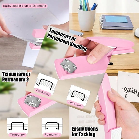 Stapler 25 Sheet Capacity with 1000 Staples and Staple Remover - Staplers for Desk Non-Slip Office Stapler with Staples for Office Pink