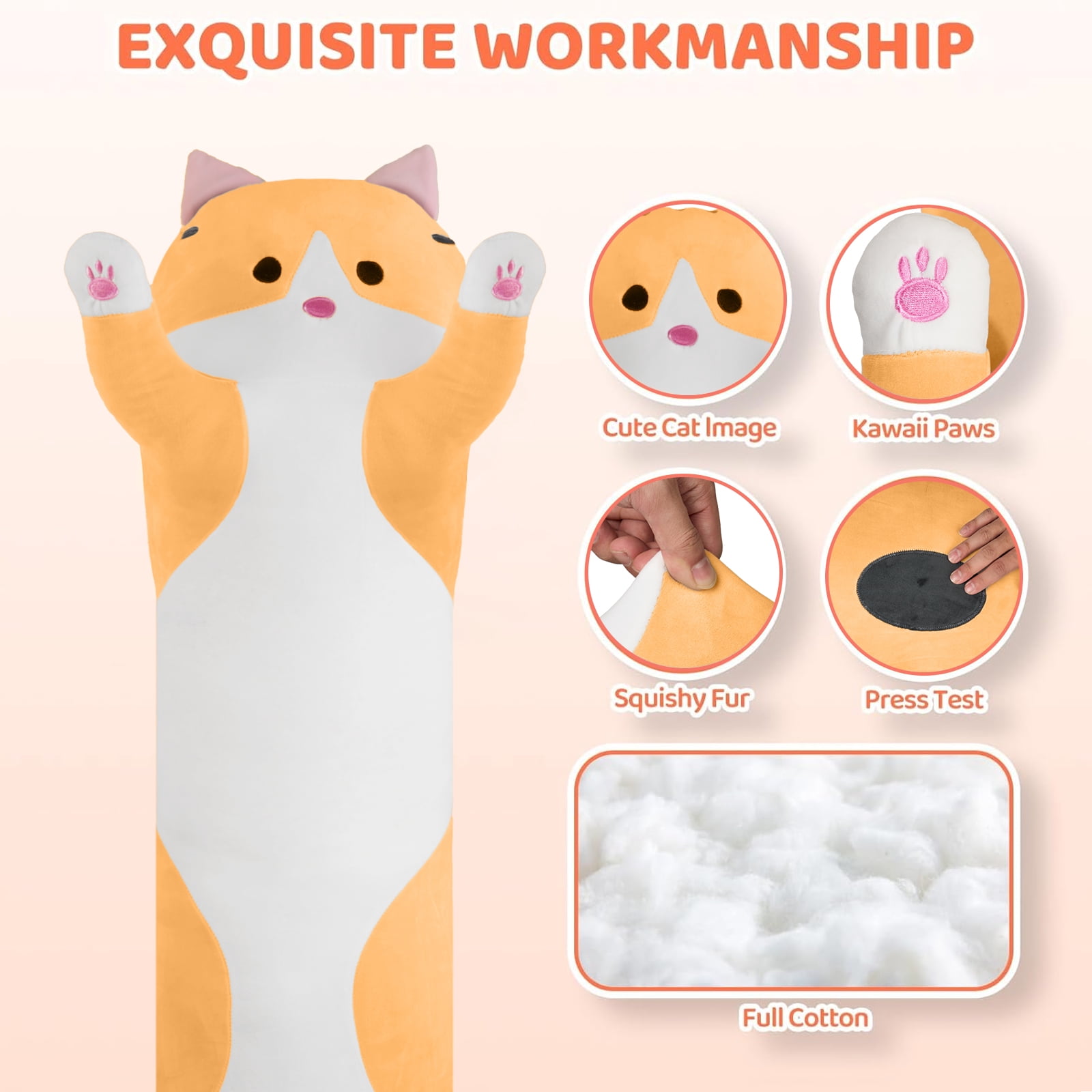 SANMADROLA Giant Long Cat Plush Body Pillow 44” Cute Cat Large Stuffed Animals Soft Plushies Kitten Plush Throw Pillow Doll Toy Gift for Girlfriend
