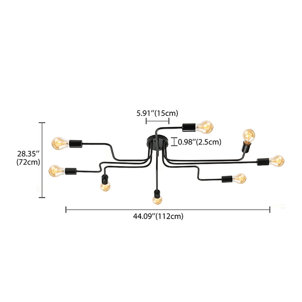 Litfad Black Sputnik Ceiling Light Fixture Industrial Edison Bulb Wrought Iron 8 Light Semi Flush Mount Light for Dining Kitchen