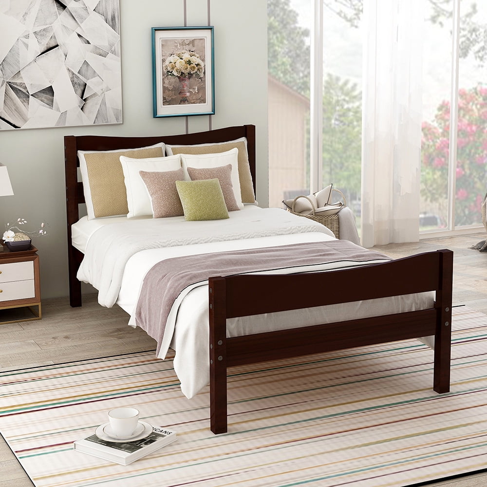 Classic Platform Beds with Headboard, Wood Bed Frame for Bedroom, Espresso