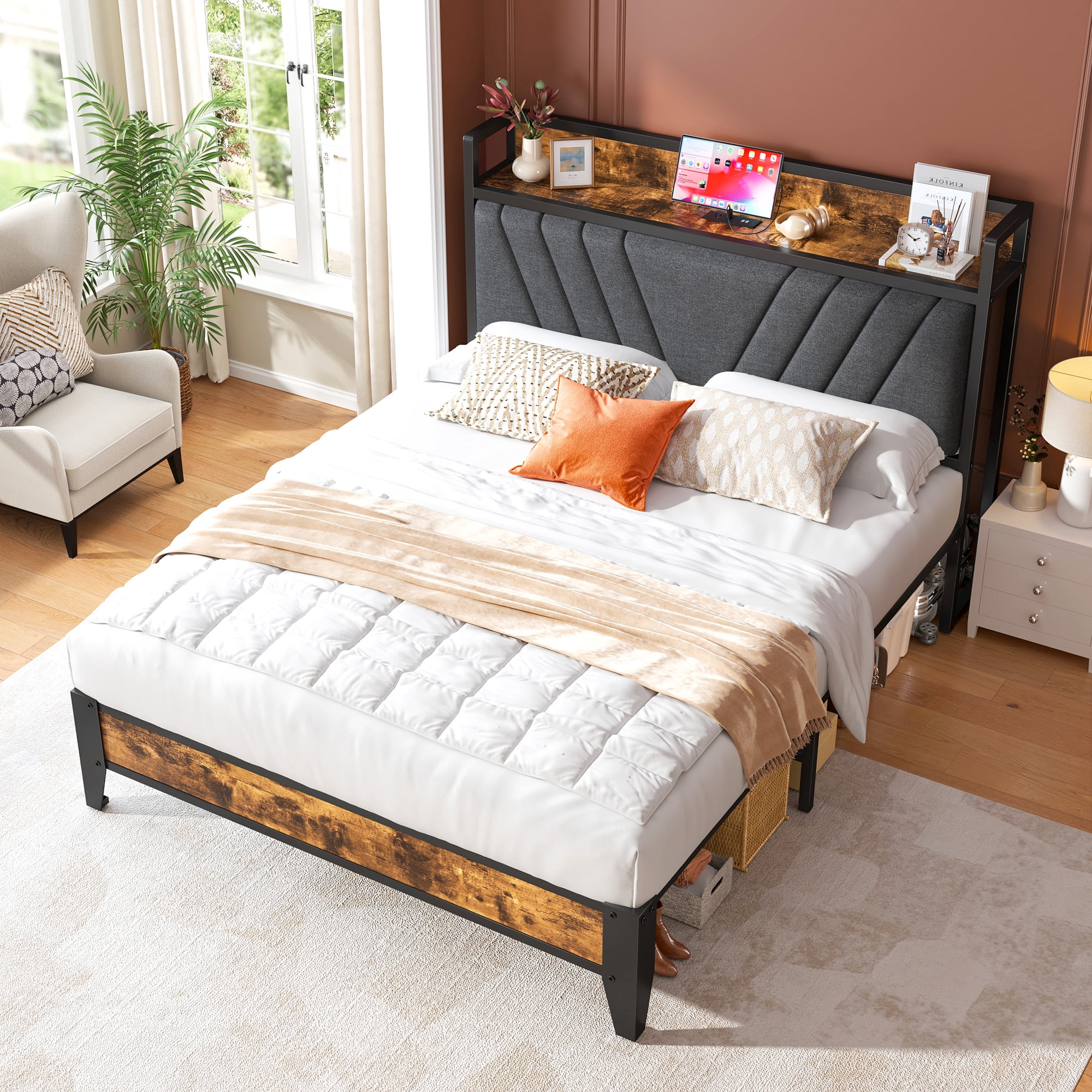 EnHomee Full Size Bed Frame with Headboard Full Bed Frame with Storage  & Charging Station, Vintage Brown