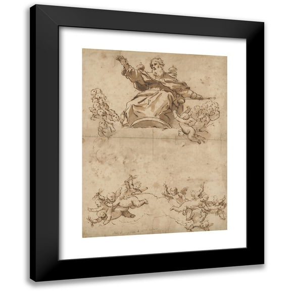 Luca Giordano 12x14 Black Modern Framed Museum Art Print Titled - The Almighty with Angels (ca. 1650-69)