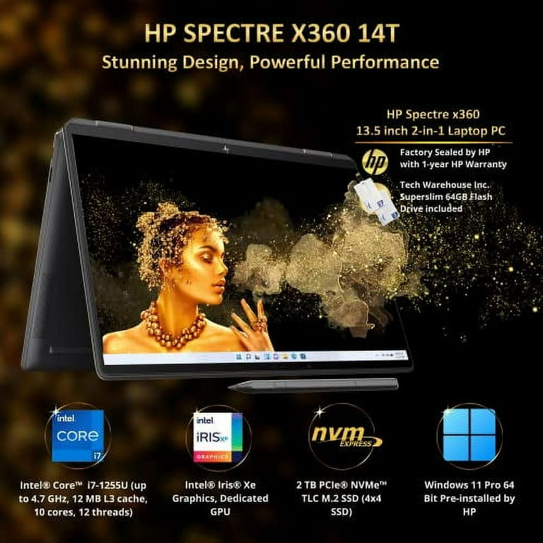 HP Spectre x360 14T Laptop i7-1255U, 16GB RAM, 2TB NVMe SSD, 13.5