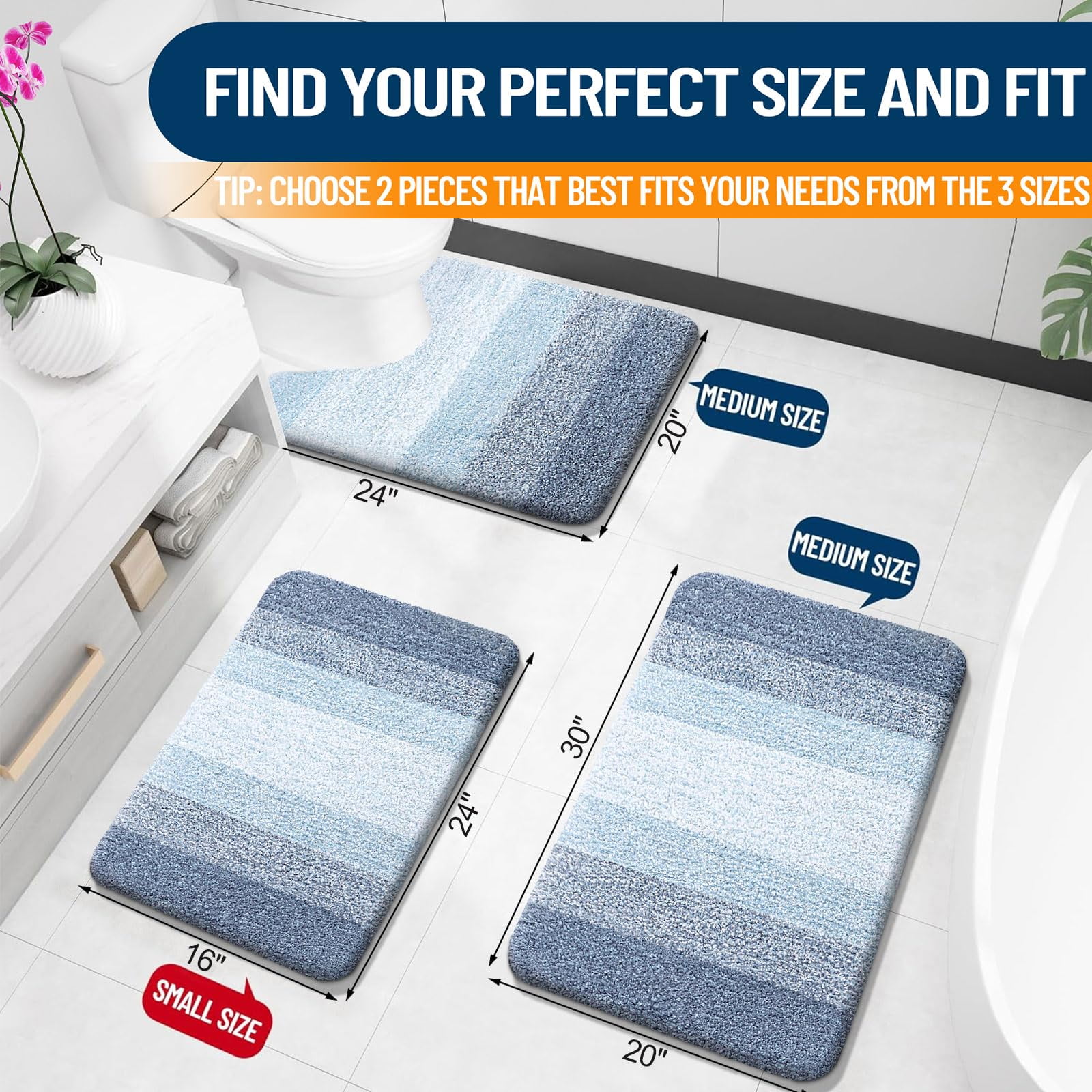 Buganda Bathroom Rugs Sets 2 Pieces, Soft Absorbent Microfiber Bath Mat And U-Shaped Contour Toilet Rug, Non-Slip Washable Bath Rugs (30"x20"+24"x20", Blue)
