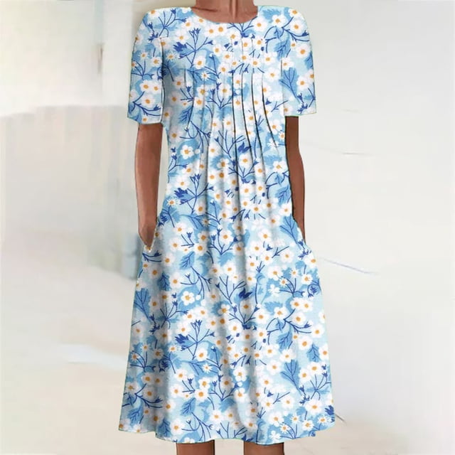 Fankiway Robe Décontractée à Imprimé pour Femmes, Col Rond, Mode Plissée, Grande Taille, Robes Midi pour Femmes Rondes, Robes de Printemps pour Femmes 7951
