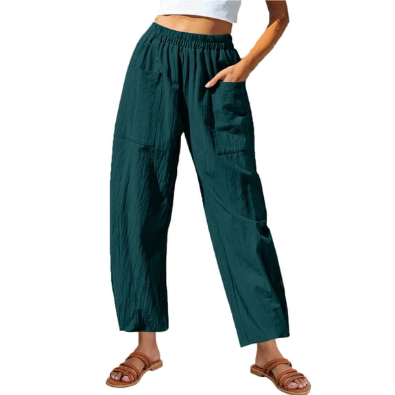 Casual Pants for Womens Cotton and Linen Plus Size Solid Color Pocket Elastic Waist Loose Casual Wide Leg Pants