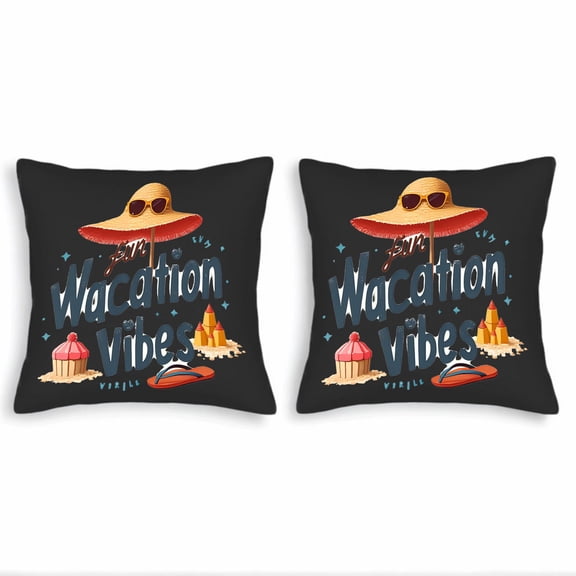 Set of 2 Decorative Throw Pillow Covers 18x18in - Fun Vacation Vibes Design with Straw Hat Sunglasses Cupcake & Sandcastles
