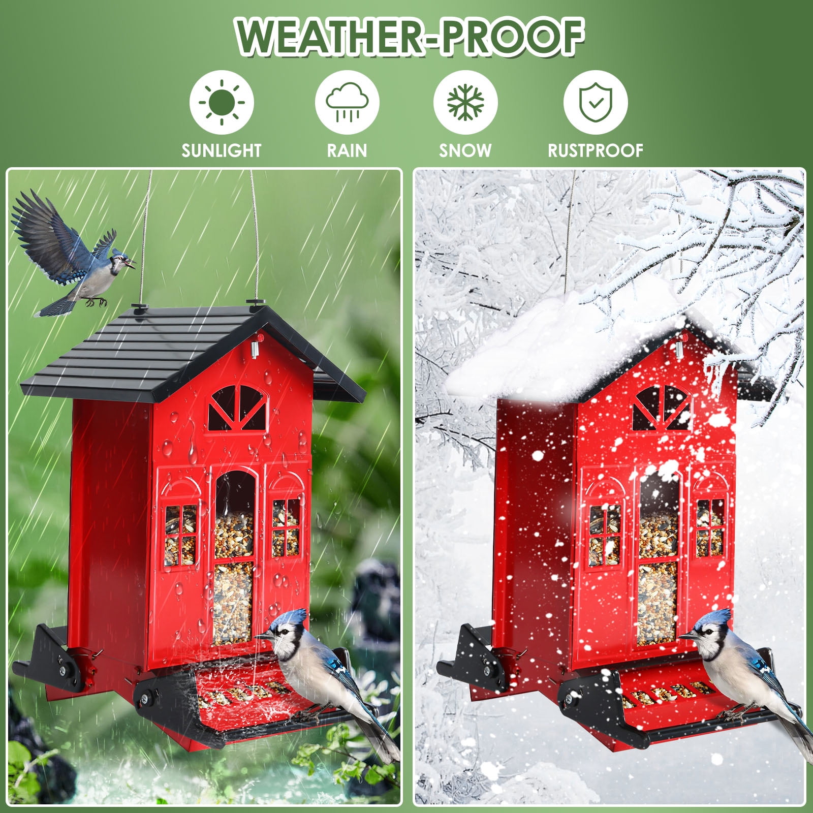 Birdkiss 5lbs Squirrel-Proof Wild Bird Feeder with Bilateral Weight-Activated Perches, 14 Feeding Ports, Outdoor Bird Feeder for Garden Yard Outside, Red