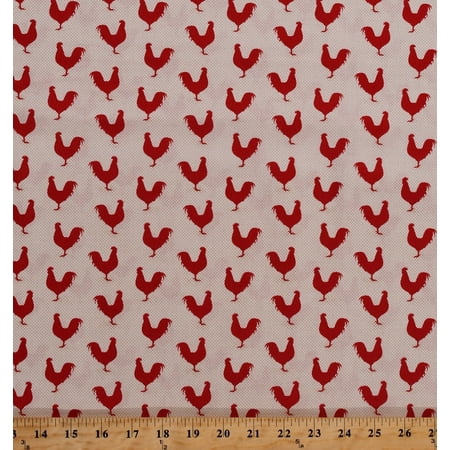 Fabric Barnyard - Cotton Roosters Chickens Barnyard Fowl Poultry Cockerel Birds Farm Animals Country A Day On The Farm Red Tan Cotton Fabric Print by the Yard (4676-26440)