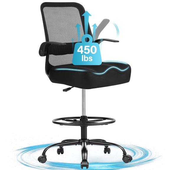 JONPONY 450LBS Office Drafting Chair, Executive Rolling Swivel Chair with Adjustable Foot Ring and Flip-Up Arms, Comfy Extra Deep W-Shape Thicken Cushion, Breathable Mesh Standing Desk Chair, Black