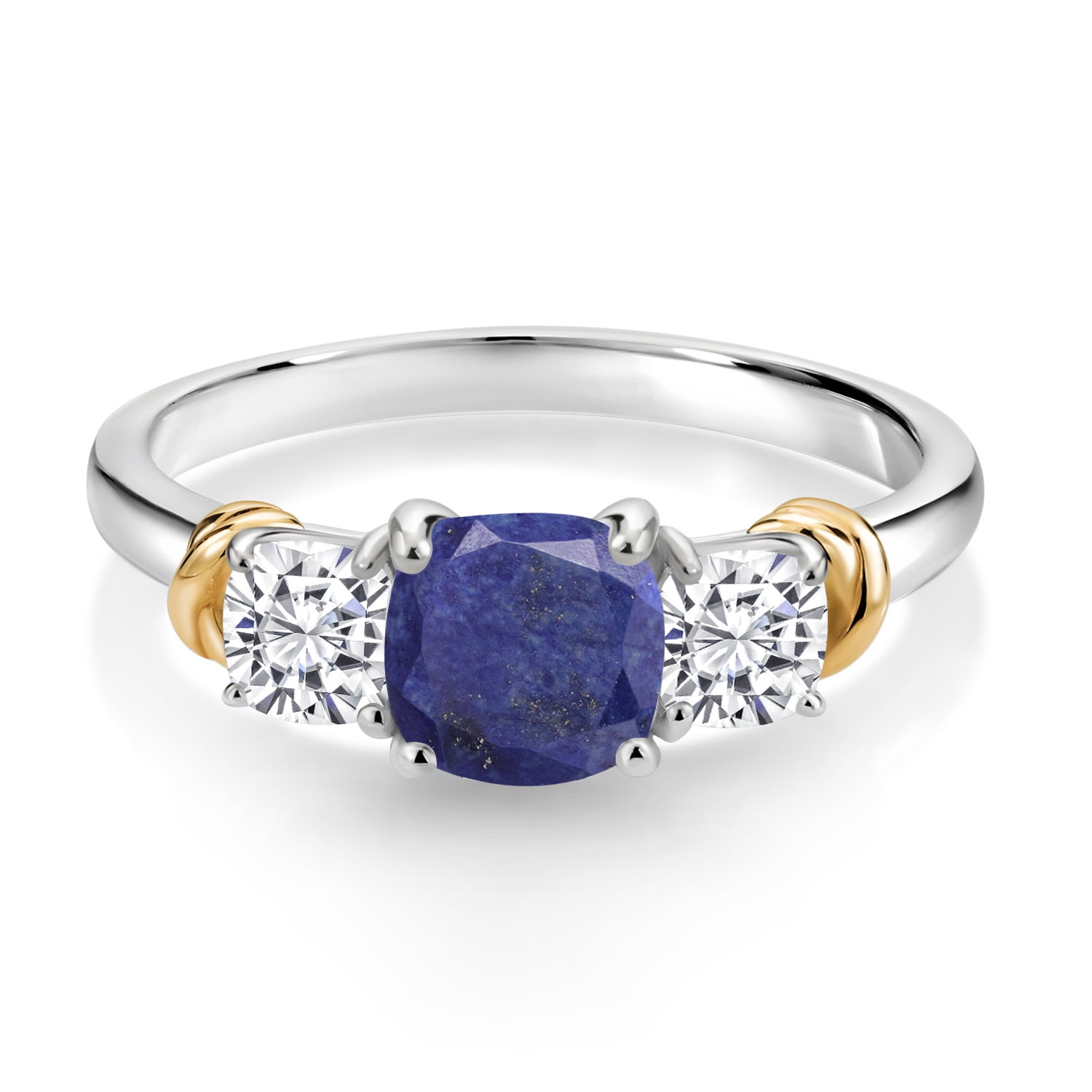 Gem Stone King 925 Sterling Silver and 10K Yellow Gold Blue Lapis and White Moissanite 3 Stone Engagement Ring for Women (1.64 Cttw, Cushion Cut 6MM and 4MM, Available in Size 5, 6, 7, 8, 9)