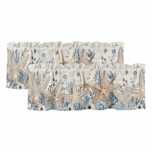 2 Pack Valances for Windows, Blue Beige Coastal Window Valances for Living Room/Bedroom/Bathroom, Beach Starfish Summer Eucalyptus Rustic Light Filtering Kitchen Curtain Valance 42"W x12" L