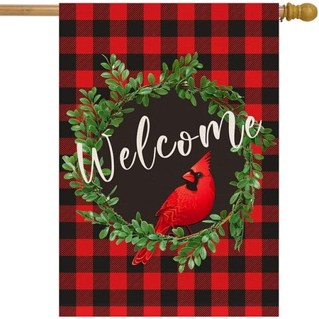 Cardinal Christmas House Flag 28 x 40 Inch | Buffalo Check Plaid Wreath Welcome Garden Flag | Rustic Christmas Yard Decorations | Holiday Winter Outdoor Flags