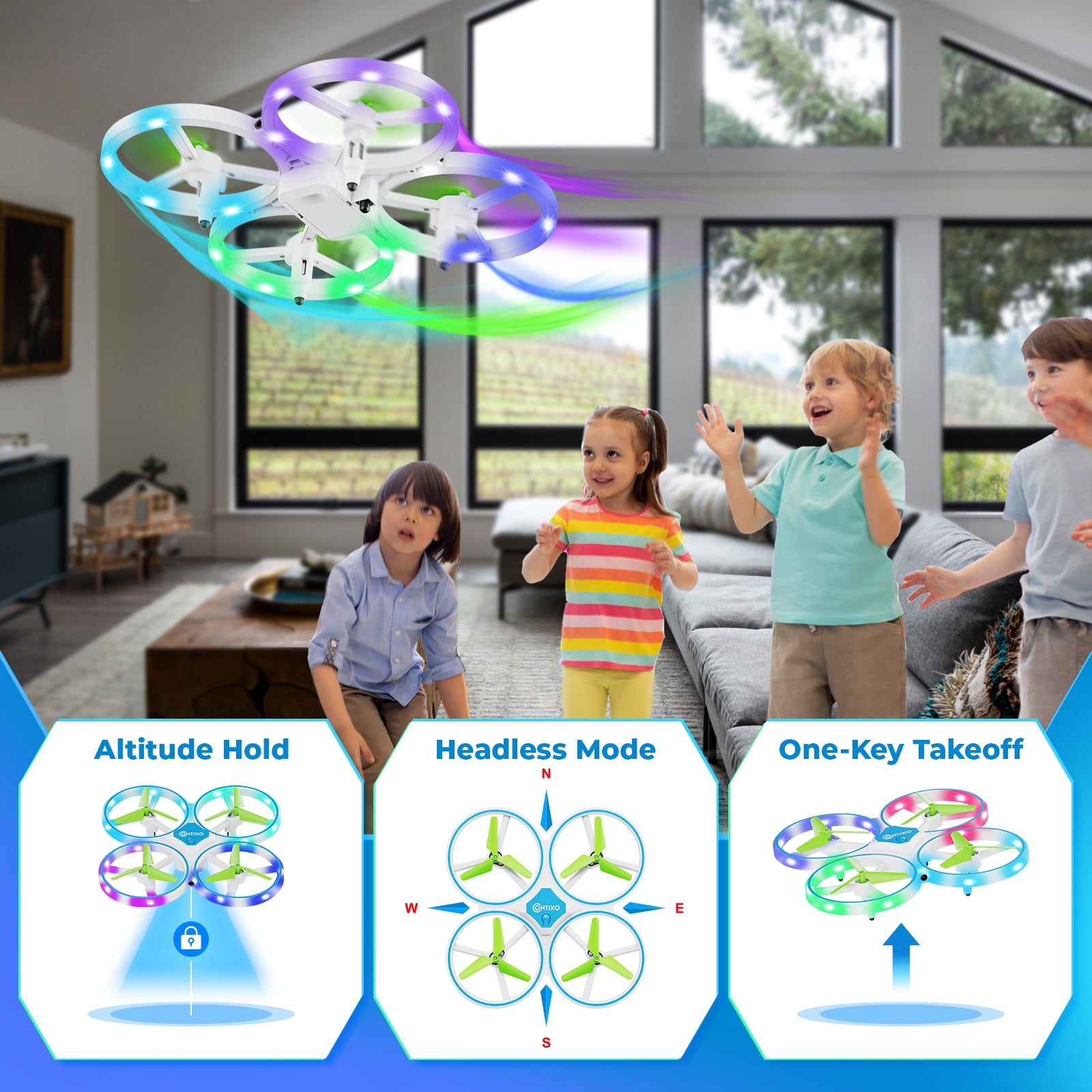 (3 pack) Contixo Drones for Kids, Kids Drone with LED Lights, Altitude Hold, and 16-Min Flight, Blue Dragonfly