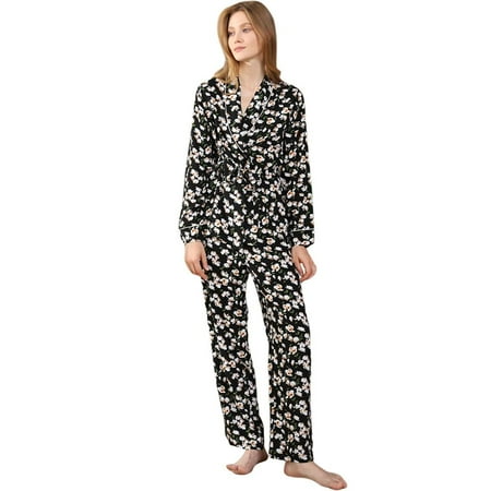 

Women s Pajamas Set Floral Print Long-sleeve Lapel Top and Pants 2-Piece Pyjamas Slim Casual Homewear Autumn Winter Sleepwear Nightwear