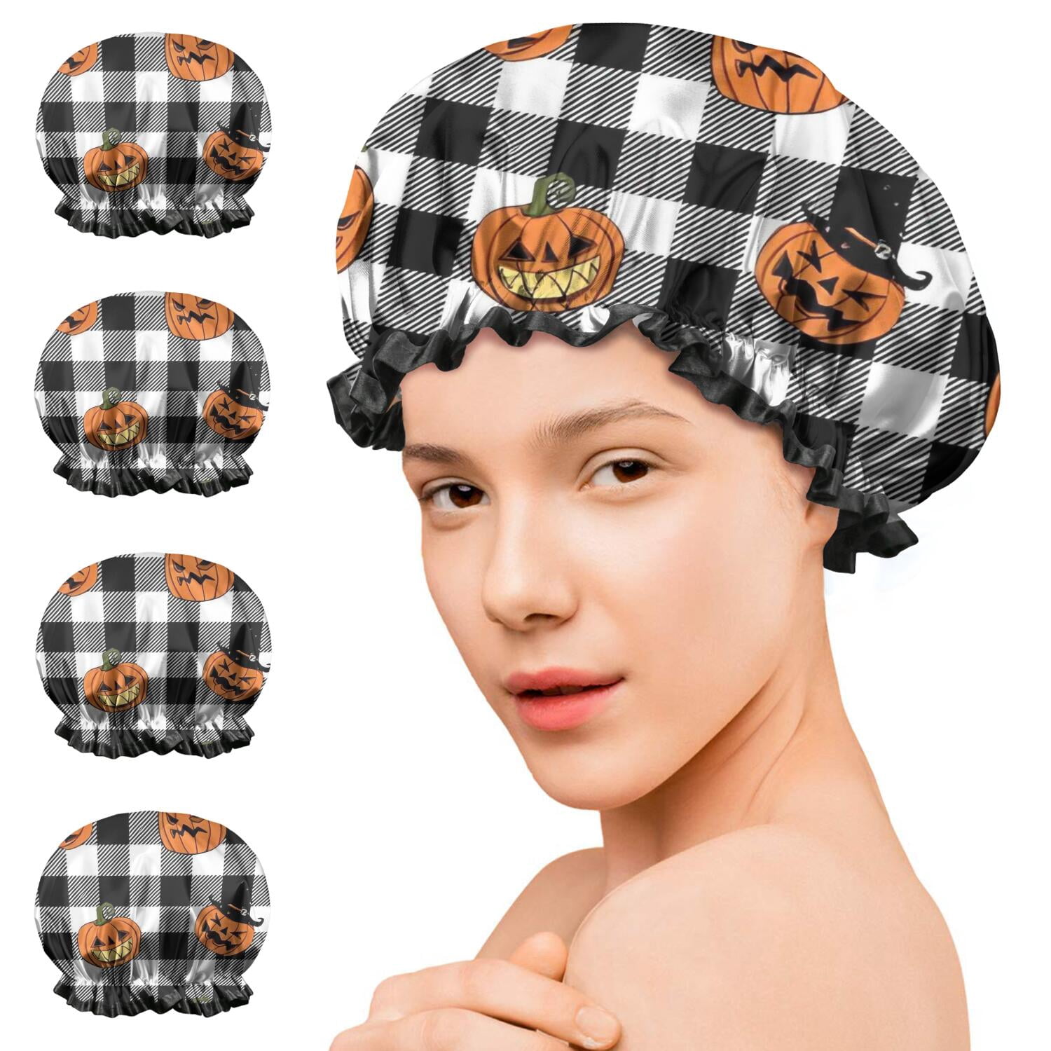 Shower Caps,Checkered Halloween Pumpkin Pattern Waterproof Shower Cap for Women 4 Pieces,Double Reusable Hair Cover for Shower PEVA Elastic Stretch Hem