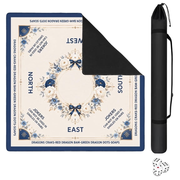 Mahjong Mat 31.5" x 31.5" Ivory Blue Floral Wreath Non-Slip Noise Reduction Mahjong Tiles for Dominoes Poker Card Board Games