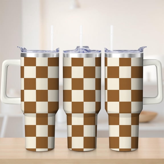 Checkered Brown and White Stainless Steel Insulated Mug with Lid and Handle, 30oz