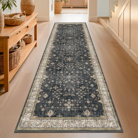Tapis Coureur Long Lavable Foncé pour Couloirs, Tapis Coureur de Cuisine Grand 2 Pieds6"x8', Tapis d'Entrée Intérieur, Endos en Caoutchouc Antidérapant Style Bohème Vintage