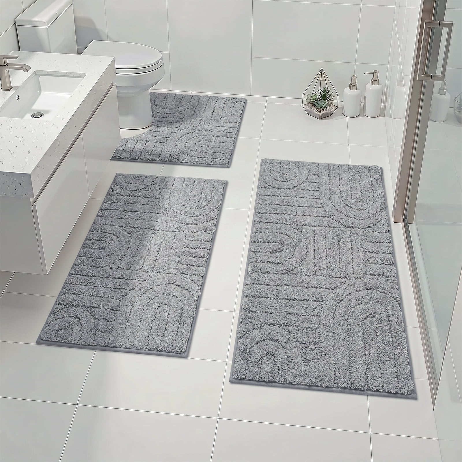Aonewoe Bath Mat Sets 3 Piece Microfiber Bathroom Mat Sets Water Absorbent Washable Non Slip Bath and Toilet Rug Set for Bathrooms Decor（Gray）