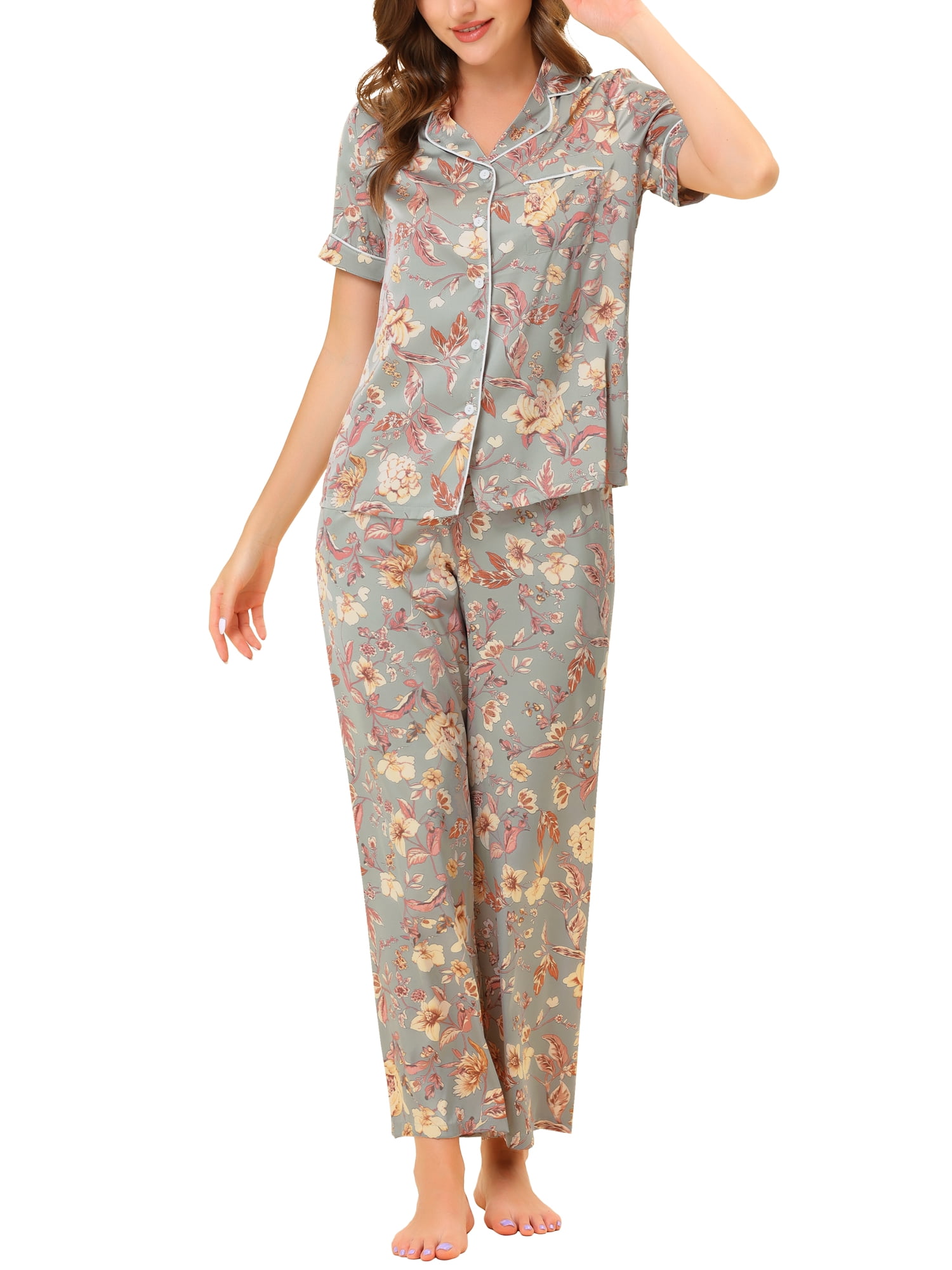 Unique Bargains Women's Pajama Set Silk Short Sleeves and Pants Floral Satin Sets